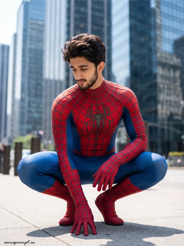 Indian boy in Spider-Man Brand New Day suit crouching on wet New York pavement at blue hour, Gemini AI Spider-Man prompt 2026
