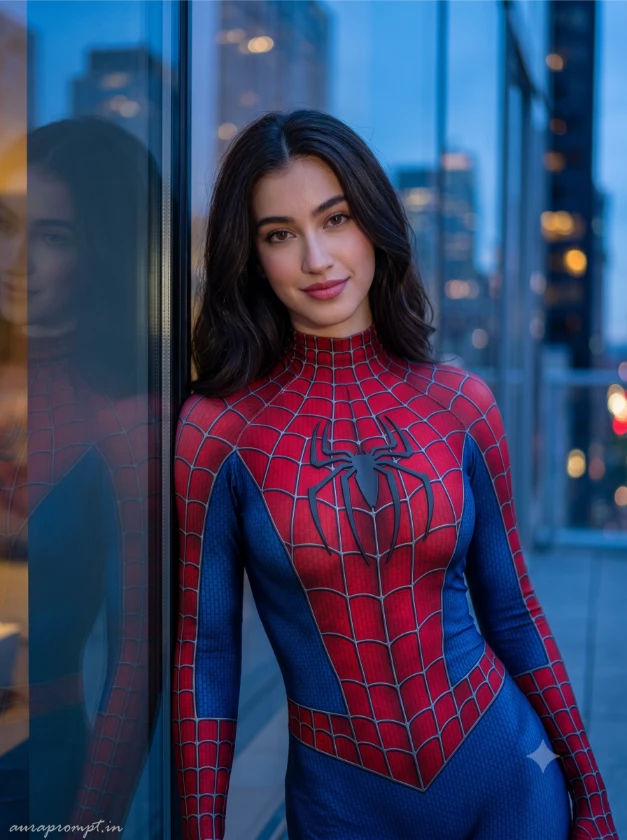Indian girl in crimson red and royal blue Spider-Man suit arms stretched wide on a glass skyscraper backdrop, cinematic Marvel AI photo prompt 2026