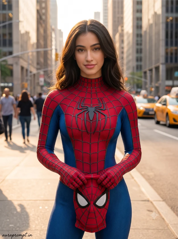 Indian girl in Spider-Man Brand New Day suit with white eye lenses and raised black webbing, standing confidently on a New York street at golden hour, Gemini Spider-Man Brand New Day photo prompt