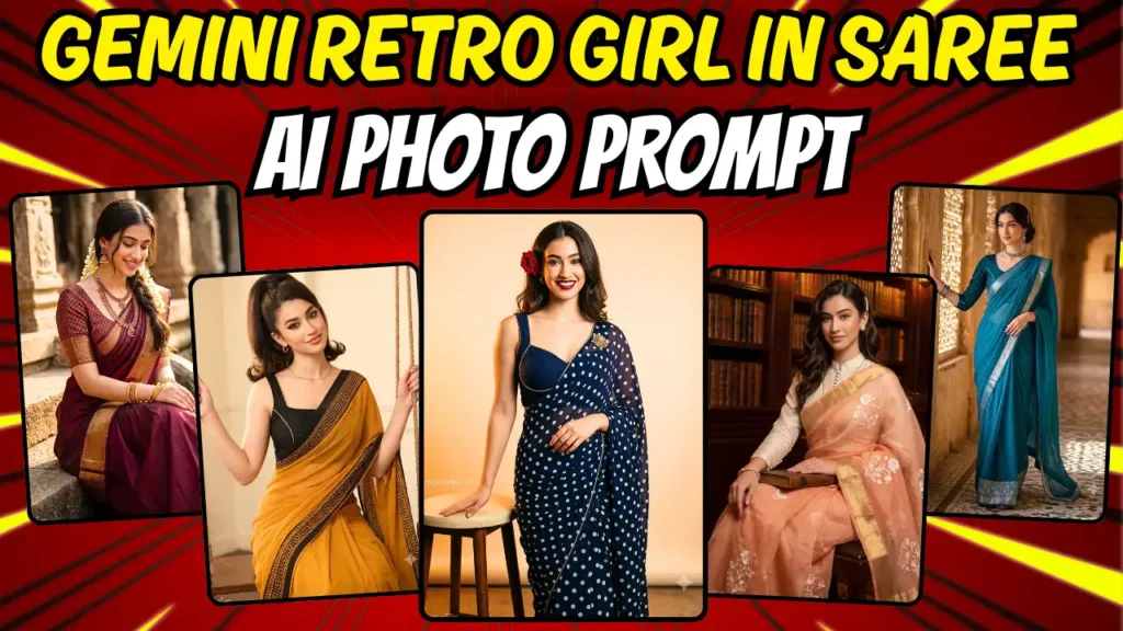 Collage of 5 retro Girl in Saree Photo Prompts generated using Gemini AI Nano Banana model, vintage Indian fashion cinematic style