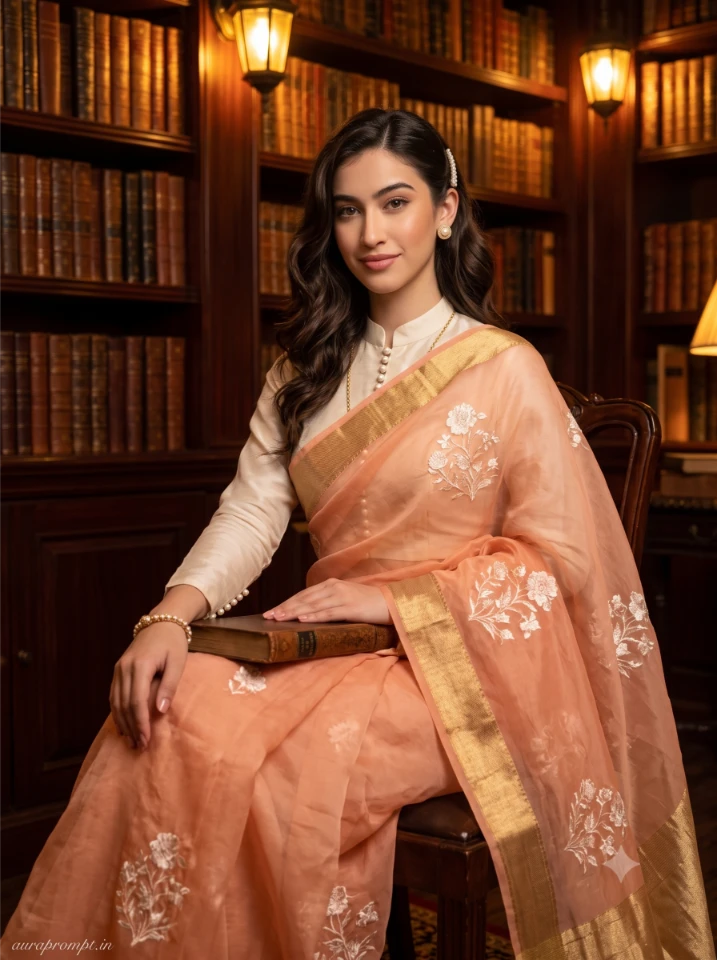 Gemini AI Saree Photo Prompt output featuring girl in soft peach organza saree seated inside old wooden library, warm lantern light, classic saree portrait editorial