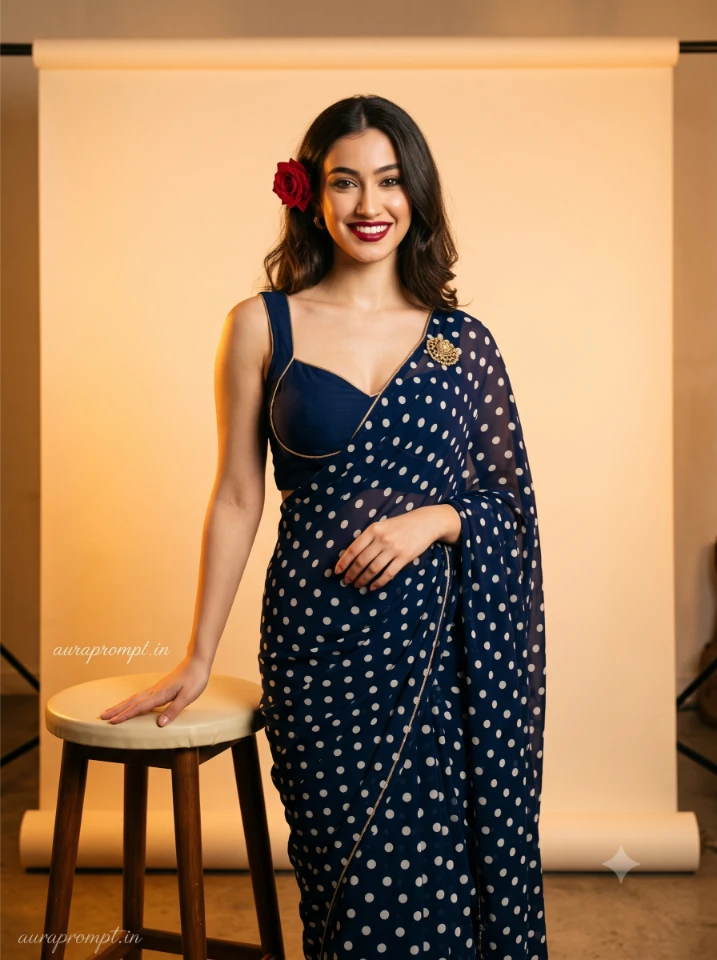 Vintage saree AI photo prompt result showing Indian girl in ivory chikankari saree standing in mustard field, classic portrait framing