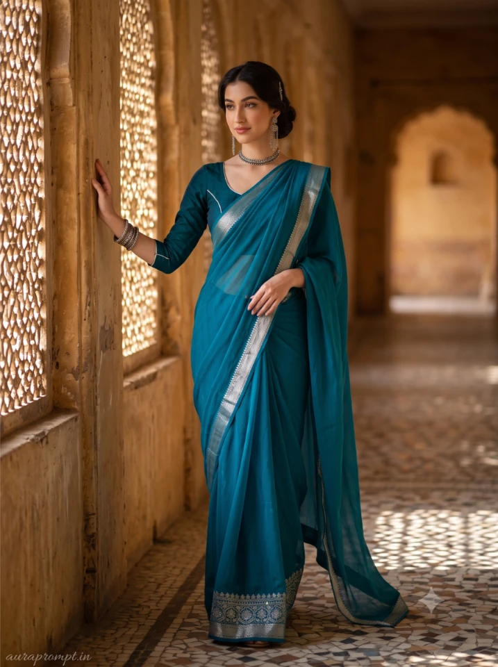 Retro Girl in Saree Photo Prompt result showing Indian girl in peacock blue chiffon saree walking through vintage Rajasthani haveli courtyard, dramatic side lighting Gemini AI