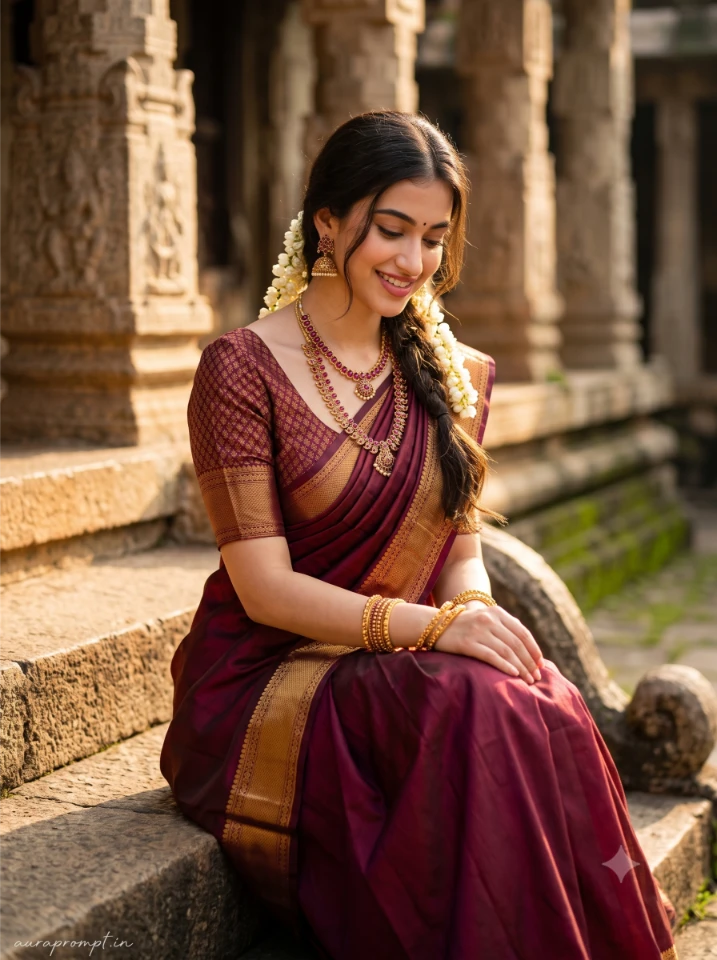 Indian girl in deep burgundy silk saree seated on stone temple steps, warm golden hour lighting, retro Bollywood style, Girl in Saree Photo Prompt for Gemini AI