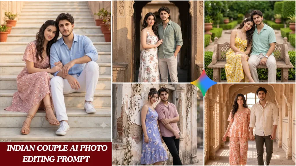 Indian couple AI photo editing prompt for ChatGPT showing a couple in floral and pastel outfits standing at a heritage palace courtyard in cinematic lighting.