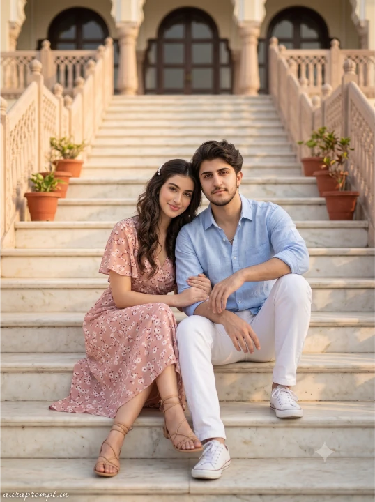 ChatGPT couple photo prompt showing a woman in a blush floral midi dress and man in light blue shirt sitting on marble palace steps in soft afternoon light.