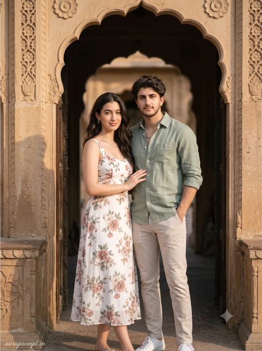 Indian couple AI photo editing prompt for ChatGPT woman in white floral dress and man in sage pastel shirt standing at a sunlit palace gate with arched sandstone walls.