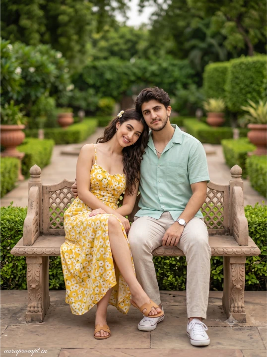Couple photo editing prompt 2026 showing a woman in yellow floral maxi and man in mint green shirt sitting on a palace garden bench in dreamy natural light.