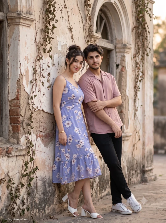 Royal palace couple prompt for ChatGPT featuring a woman in lavender floral dress and man in dusty rose shirt leaning against an old heritage wall at dusk.