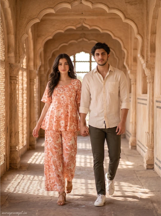 Indian couple AI photoshoot prompt with woman in peach floral co-ord and man in cream linen shirt walking through a palace corridor with warm ambient lighting.