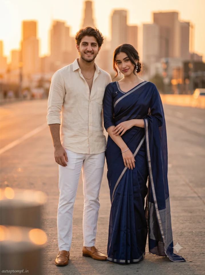 Hyper-realistic Indian couple Gemini AI photo prompt girl in navy blue silk saree boy in cream linen shirt sunset boulevard setting