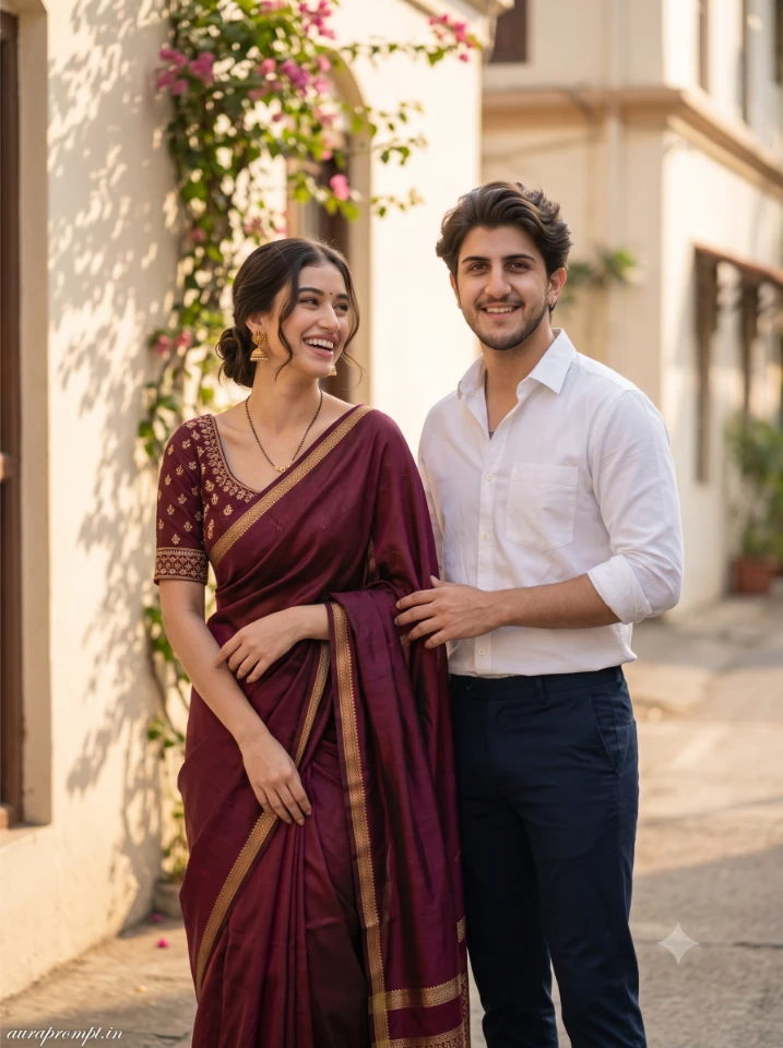Romantic Indian couple Gemini AI photo prompt girl in deep burgundy silk saree boy in white shirt candid laugh warm sunlight