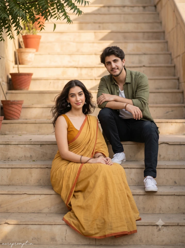 Cinematic Indian couple Gemini AI prompt girl in mustard yellow cotton saree boy in olive cargo pants old stone steps background