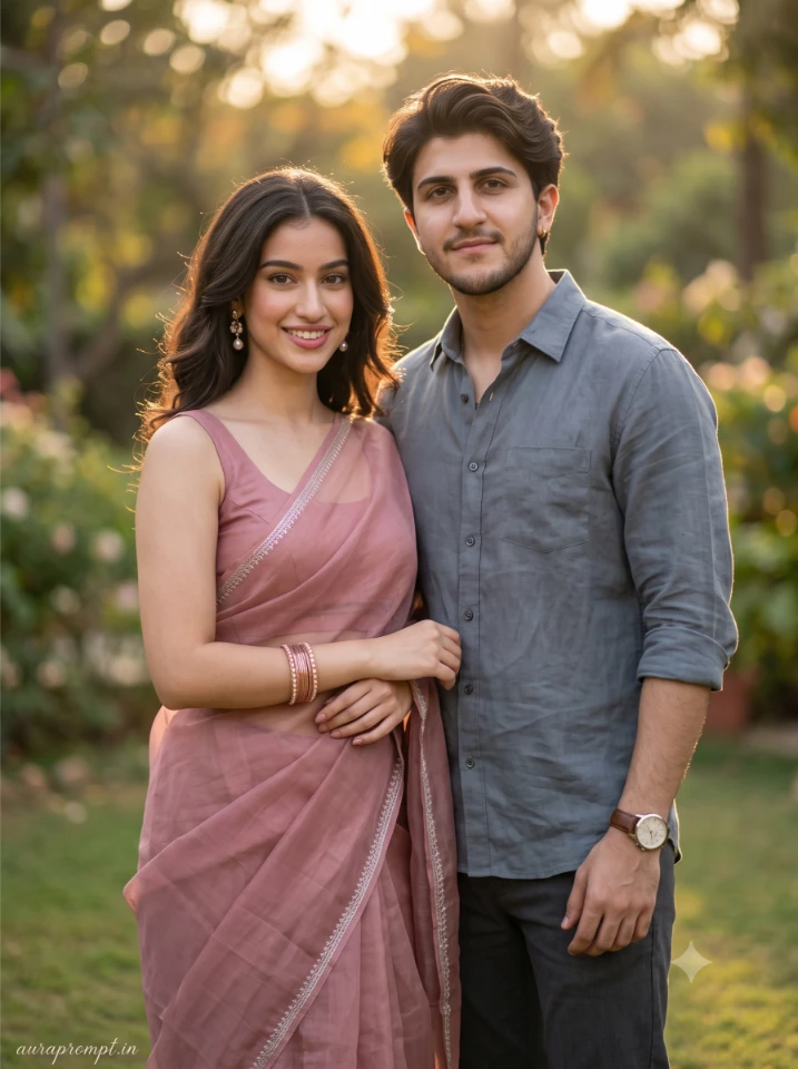 Indian couple Gemini AI photo prompt girl in dusty rose organza saree boy in charcoal linen shirt soft garden bokeh background