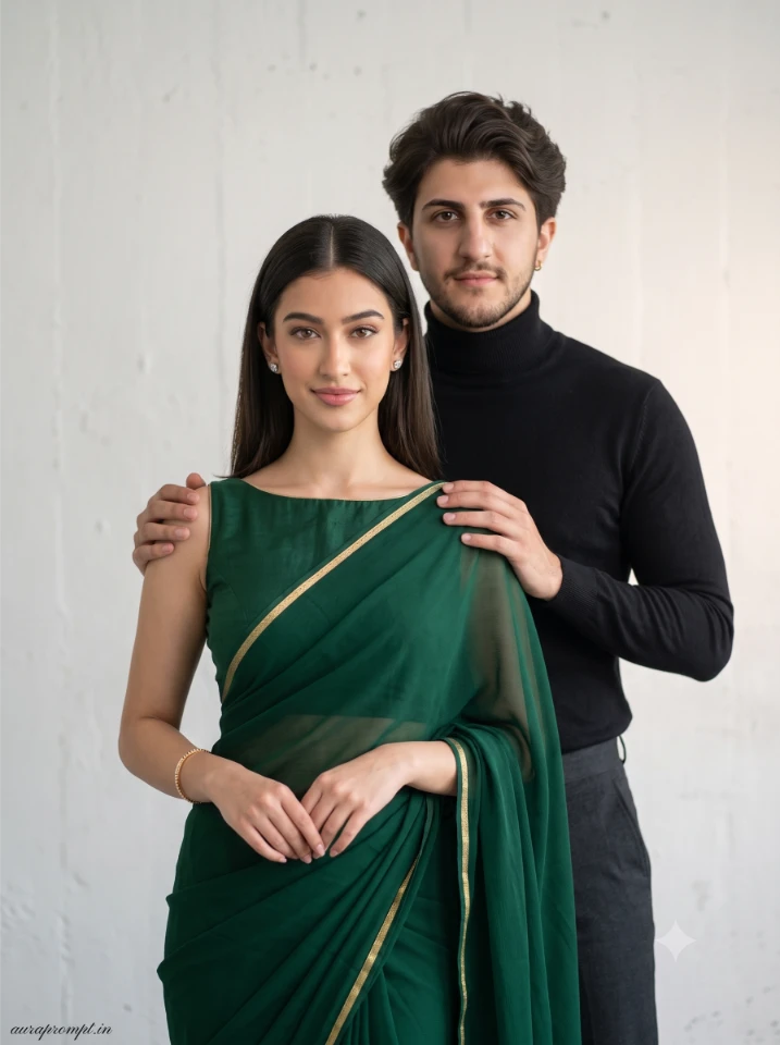 Indian couple photo prompt girl in emerald green georgette saree boy in black turtleneck sweater minimalist white wall studio