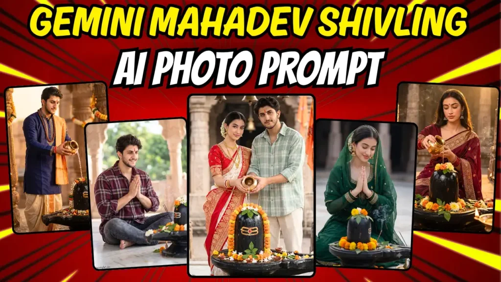 Collage of 5 Mahadev Shivling AI photo editing prompts for Sawan 2026 featuring boy, girl, and couple devotional scenes generated with Gemini AI