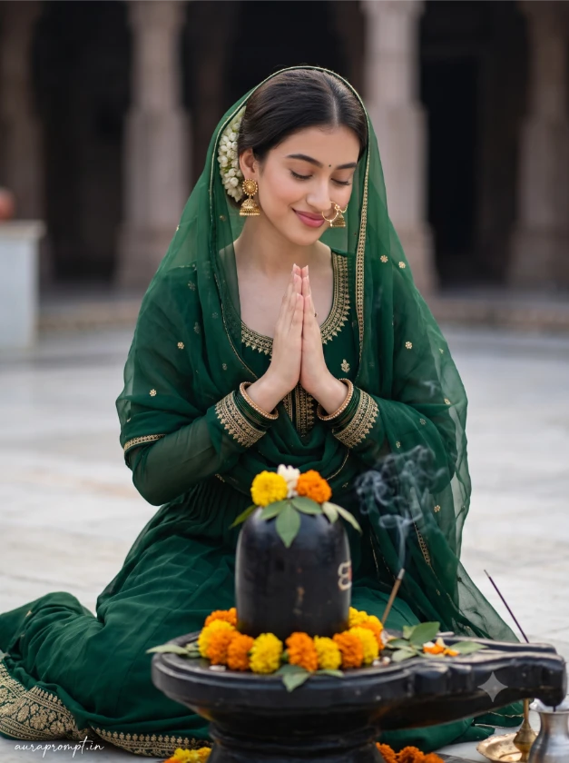 Indian girl in forest green embroidered anarkali kneeling in devotion beside a black Shivling surrounded by marigolds and oil lamps, Sawan AI photo editing prompt
