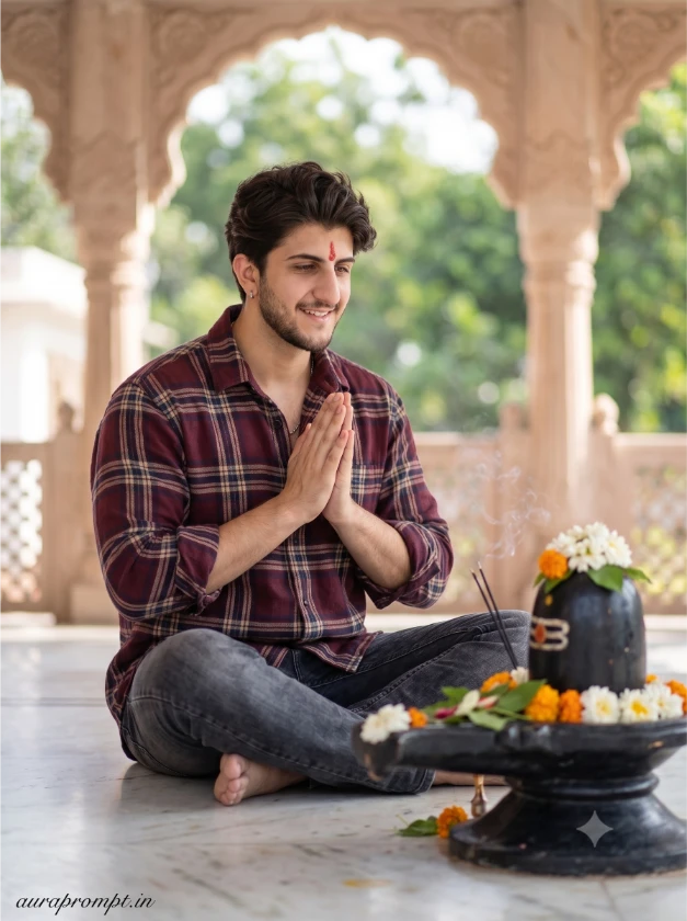 Young Indian man in deep burgundy plaid flannel shirt sitting cross-legged near Shivling with folded hands in peaceful devotion, Google Gemini Mahadev prompt
