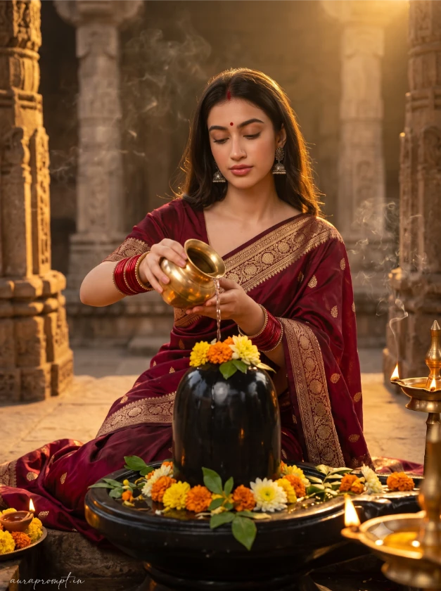 Indian girl in deep maroon Banarasi saree performing Shivling abhishek with brass kalash in golden temple light, Gemini AI photo prompt