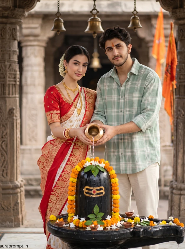 Indian couple in red white saree and light green plaid shirt performing Jal Abhishek on decorated Shivling with marigold garlands inside Hindu temple, Sawan AI photo editing prompt with both faces looking at camera