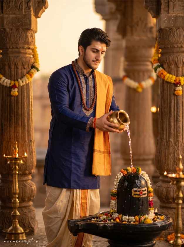 Handsome Indian boy in navy blue silk kurta and off-white dhoti performing Rudrabhishek at decorated Shivling in ancient carved stone temple, Mahadev AI image prompt