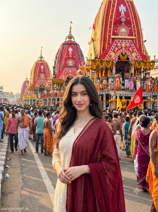 Young Indian woman in cream salwar suit with maroon dupatta beside Puri Rath Yatra procession route using Gemini AI prompt