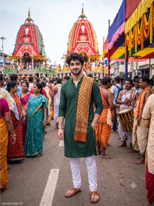Young Indian man in dark green kurta and printed stole standing on Puri temple street during Rath Yatra festival AI portrait