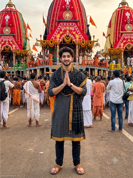 Indian boy in black ikat shawl and charcoal kurta standing in front of Jagannath chariot using Gemini Rath Yatra AI Photo Prompt