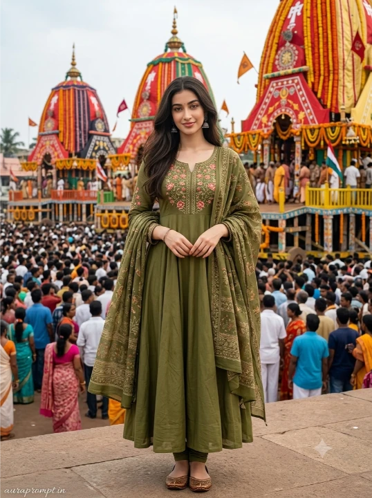 Young Indian woman in olive green anarkali suit with dupatta at Puri festival street created using Gemini Rath Yatra AI photo prompt