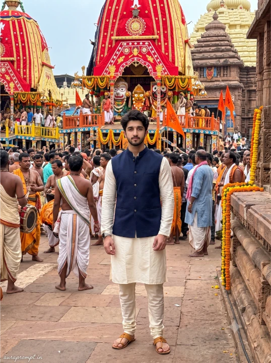 Young Indian man in ivory kurta and navy Nehru jacket at Puri temple street created with Gemini AI photo prompt for Rath Yatra 2026