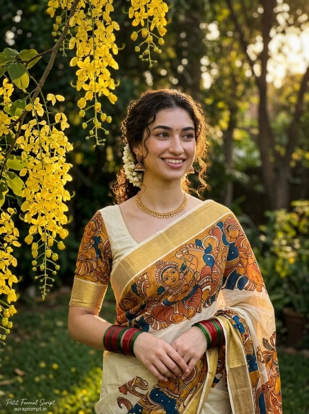 ChatGPT Instagram photo prompt output of a South Indian girl in a Kerala kasavu saree with mural art detail standing in a sunlit flower garden at golden dusk