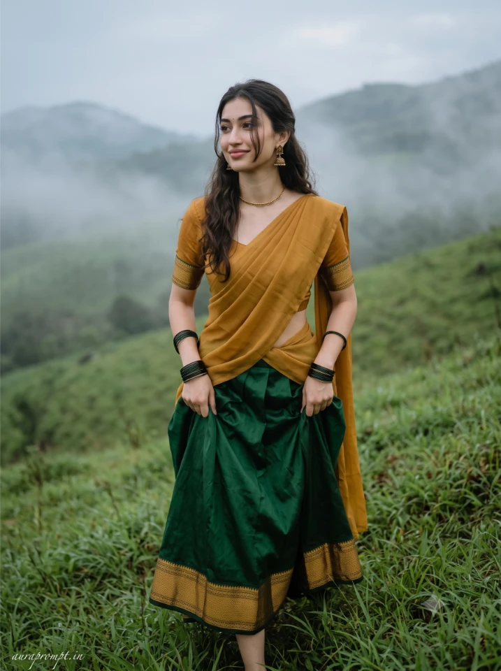 Indian girl AI photo prompt of a woman in a mustard and maroon half-saree standing in a misty green hillside meadow with jasmine flowers in her hair