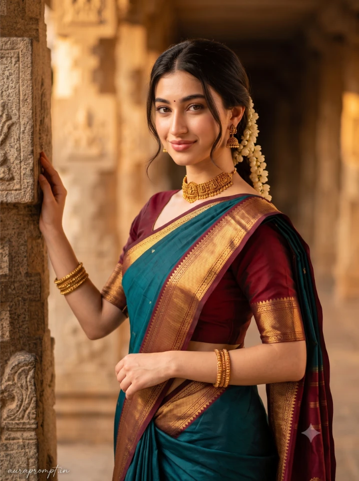 South Indian girl ChatGPT prompt result showing a woman in a deep teal Kanjeevaram saree with gold border posing in an ancient temple corridor with cinematic afternoon light