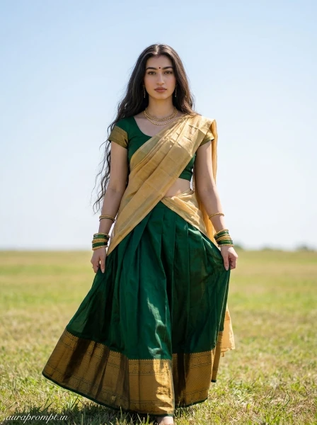 Indian girl AI photography prompt of a woman in a dark green and gold pattu pavadai with natural skin texture captured in a cinematic wide-angle outdoor portrait
