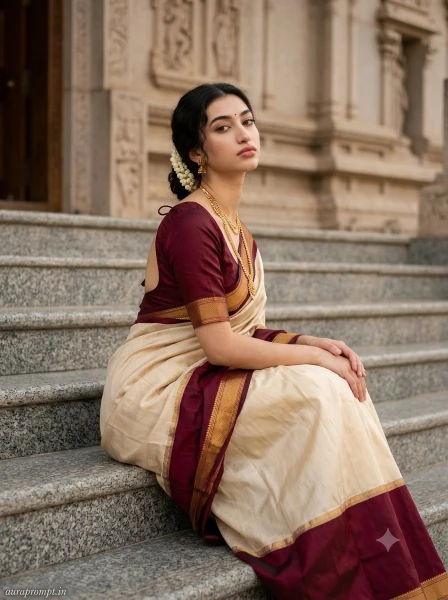 South Indian girl photo prompt 2026 showing a Tamil girl in a Pinterest-style cream and burgundy silk saree sitting on temple steps with editorial fashion lighting