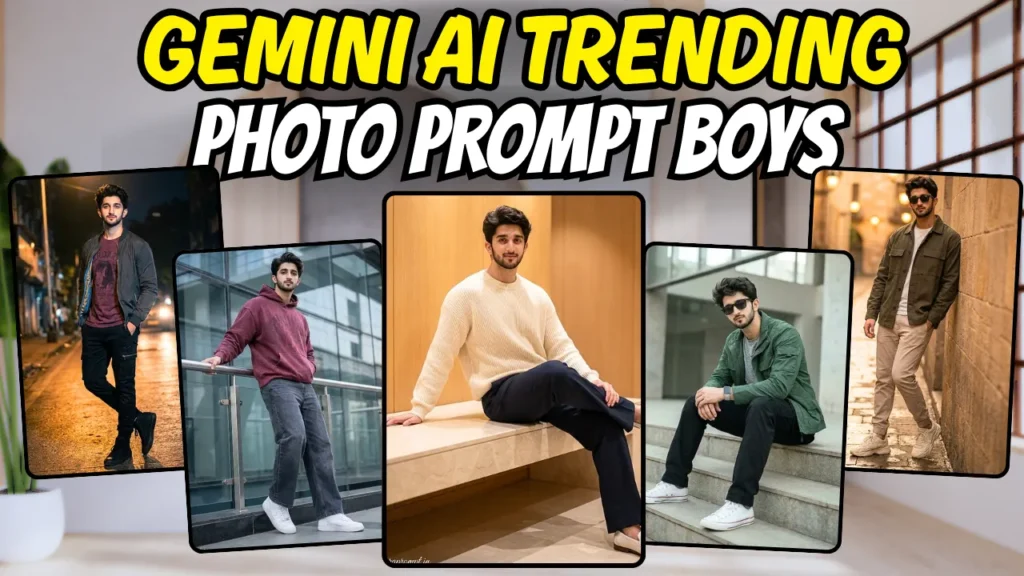 Collage of 5 trending Gemini AI photo prompts for boys showing Gen Z streetwear outfits in cinematic lighting for Instagram 2026