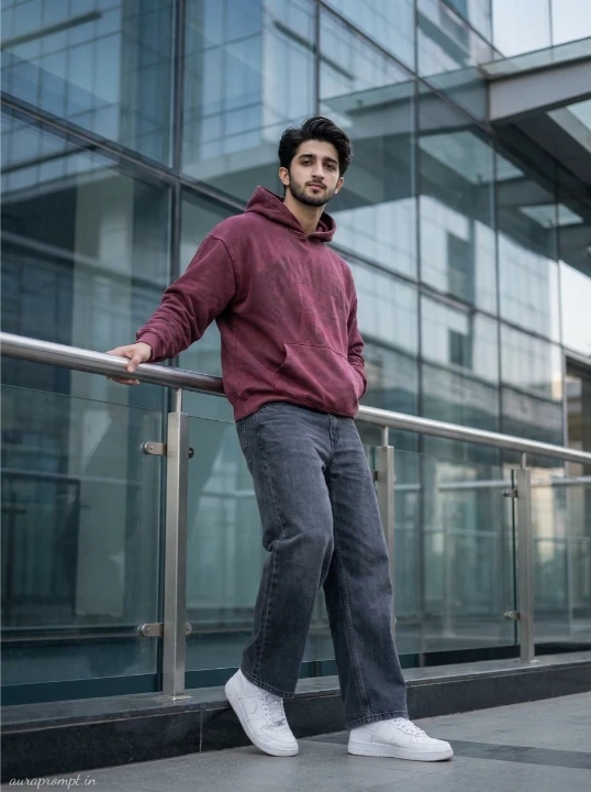 Gemini AI photo prompt for boys in washed burgundy oversized hoodie and wide-leg charcoal jeans leaning against glass building at dusk