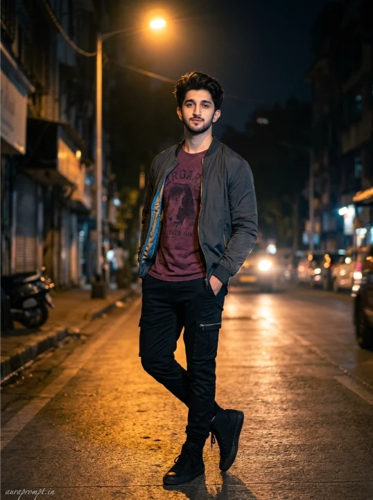 Copy paste Gemini AI prompt for boys in deep burgundy vintage graphic tee and black tactical cargo pants under moody urban streetlight at night
