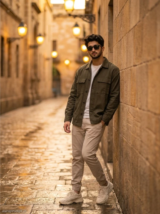AI prompt for boys wearing dark olive cargo pants and black half-zip pullover standing on cobblestone street in golden hour light