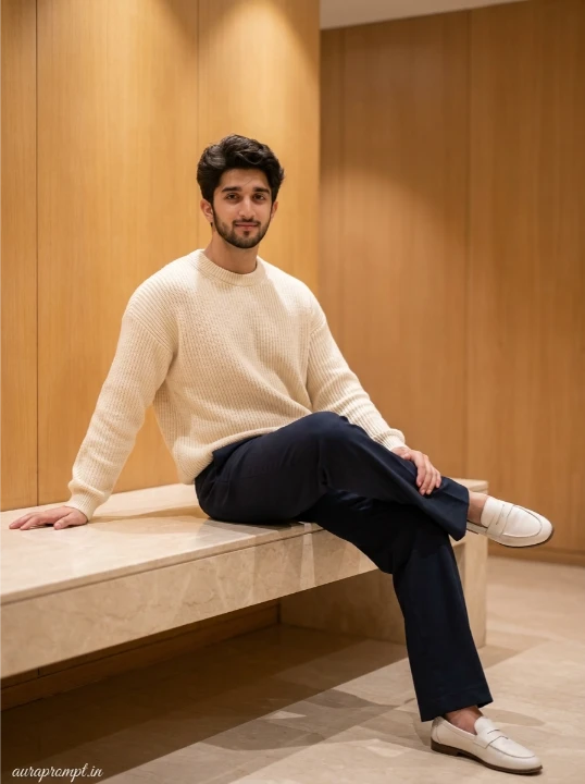 AI photo editing prompt for boys in cream knit sweater and dark navy wide-leg trousers on a warm-lit minimal indoor set with wooden panels