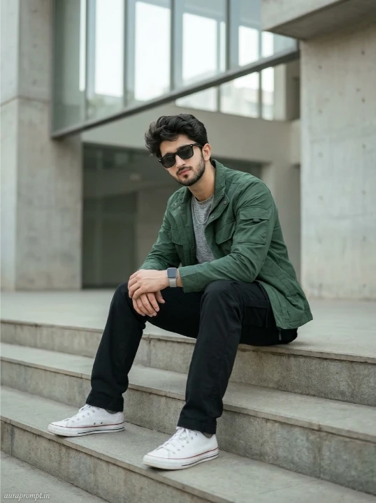 Trending Gemini AI prompt for boys dressed in forest green utility jacket and stone beige joggers sitting on concrete steps in diffused daylight