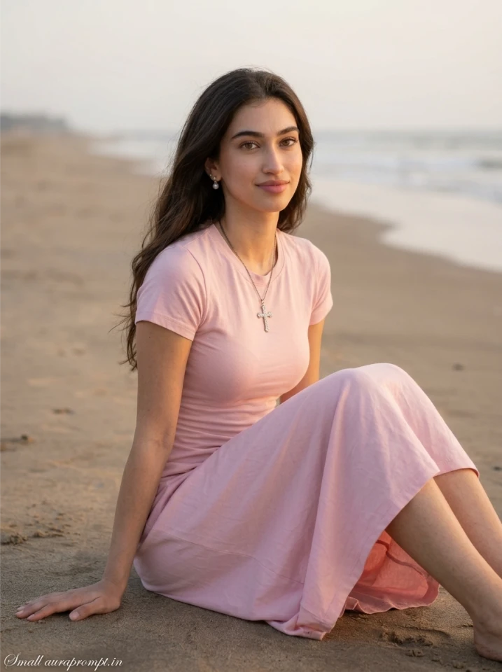 Girl in powder pink cotton dress sitting on sand during soft afternoon beach light