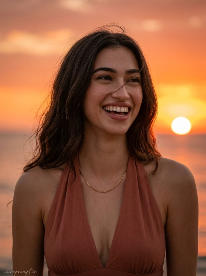 Realistic girl selfie AI prompt in terracotta halter dress laughing candidly on beach against a deep golden sunset sky
