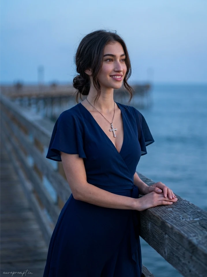 Viral Gemini AI prompt for instagram girl in deep navy blue wrap dress standing at wooden pier edge during blue hour dusk light