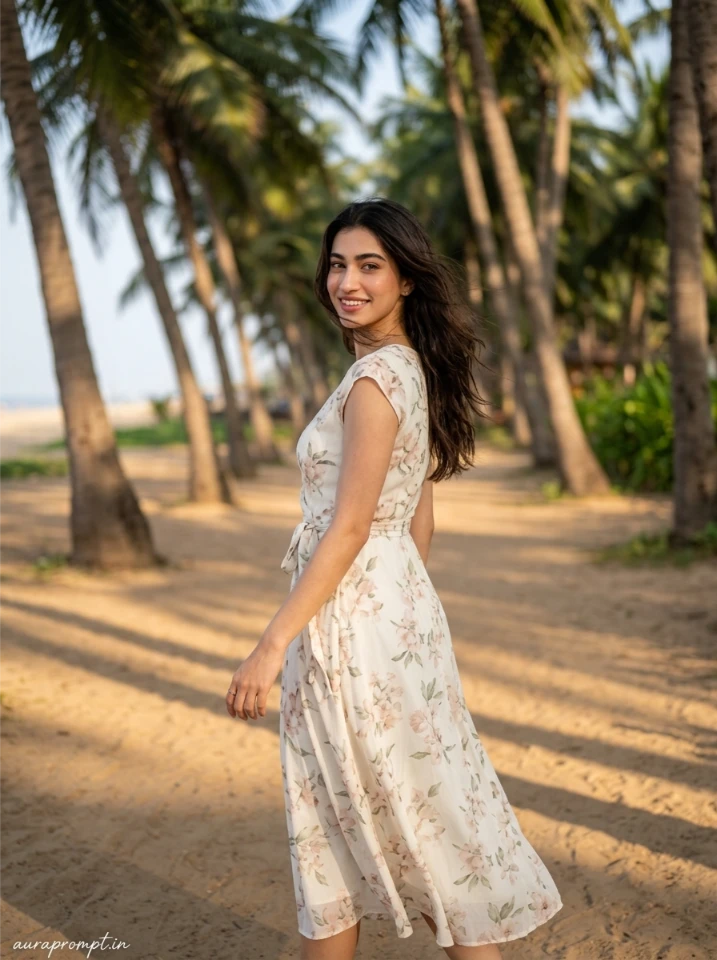 Copy paste AI prompt for girls in ivory floral midi dress walking sandy beach path with tall coconut palms in warm afternoon light