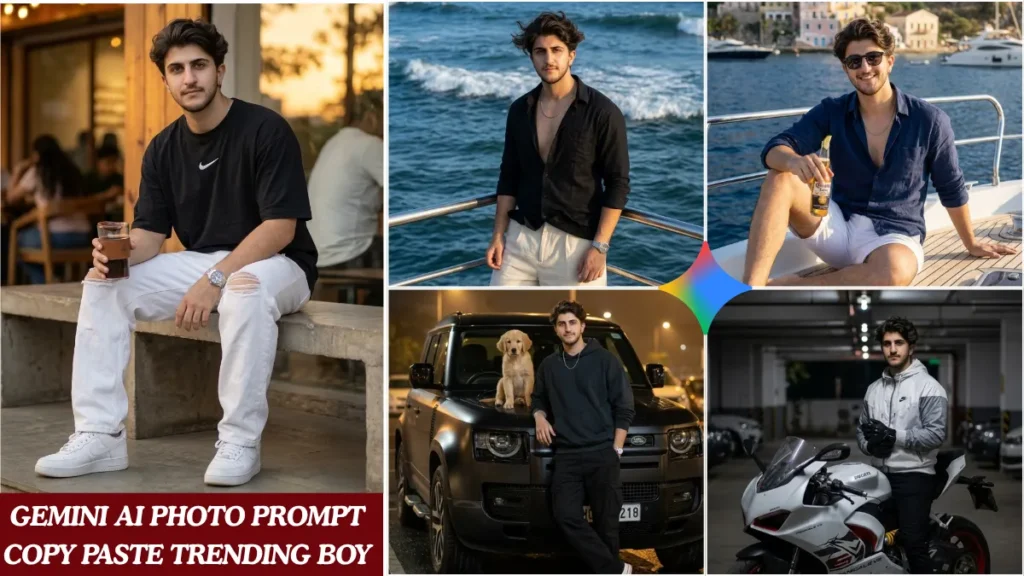 Collage of 5 gemini ai photo prompt copy paste trending boy results showing Pinterest outfits cinematic lighting and realistic skin texture in 2026