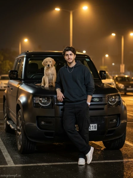 Trending boy AI photo prompt result leaning on black Land Rover Defender at night with golden retriever puppy on hood and premium street lighting