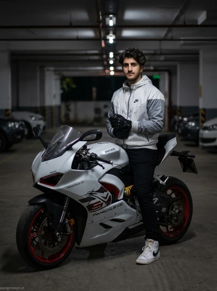 Cinematic gemini ai photo prompt for boy in white Nike windbreaker sitting on white Ducati in dark parking garage with dramatic directional light