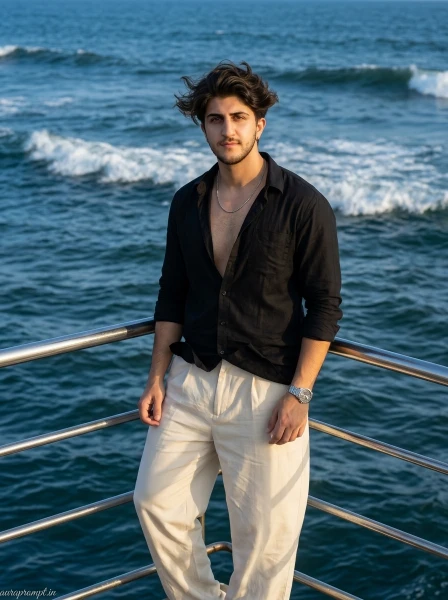 Trending boy gemini ai photo prompt result showing slim fit cream outfit standing near steel railing with deep blue sea background and strong wind