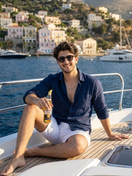 Gemini AI prompt copy paste boy result in navy linen shirt on yacht with Mediterranean coastline golden sunset and blue water reflection